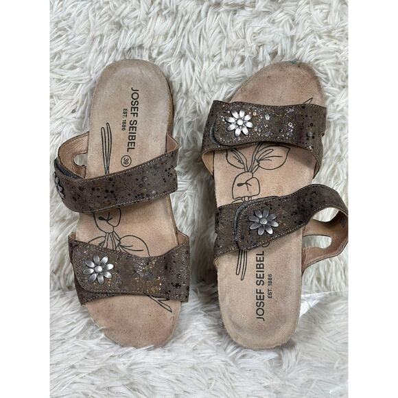 Josef Seibel Sandals Womens Size 8 Brown Wedge Cork Platform Slide Floral EU 39 - Picture 1 of 8